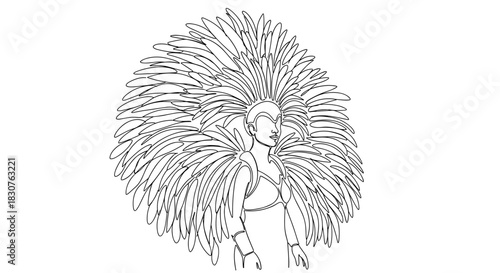Line drawing of a woman with elaborate feather headdress and shoulder adornments in black and white style