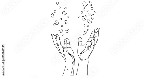 Outlined hands reaching upwards with falling abstract shapes in a minimalist design style art