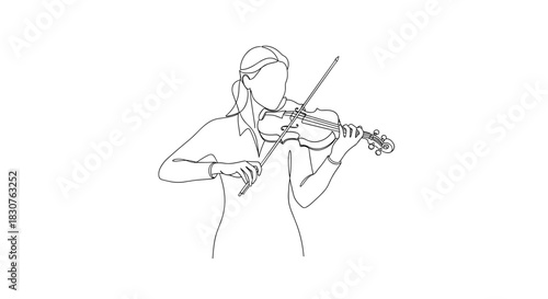 A continuous line drawing of a woman playing the violin with elegance and sophistication on white background