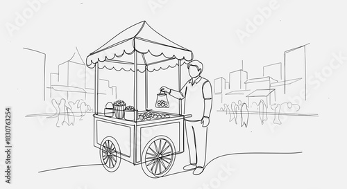 Line drawing of a street food vendor with a cart in an urban setting with city buildings behind him