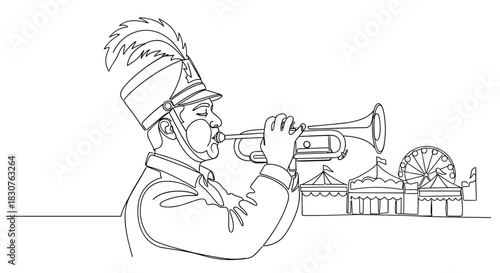 Line drawing of a marching band member playing trumpet at a carnival with a ferris wheel behind