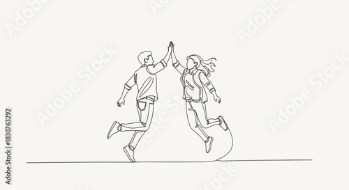 Continuous line drawing of a man and woman jumping and giving a high five in monochrome art