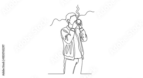 Continuous line drawing of a person holding a steaming cup of coffee or tea to their face in black