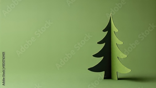 Minimalist green christmas tree on solid green background for festive holiday decor