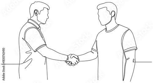 Continuous line drawing of two men shaking hands in a business or friendly agreement illustration art
