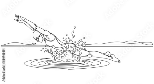 Line drawing of a swimmer diving into water creating a splash and ripples in the water surface