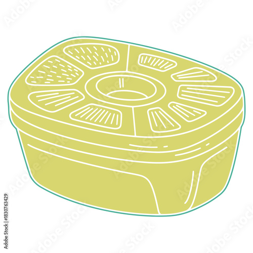 Conceptual illustration of an architectural structure rendered in soft green and blue hues showcasing a creative design with internal compartments and circular center