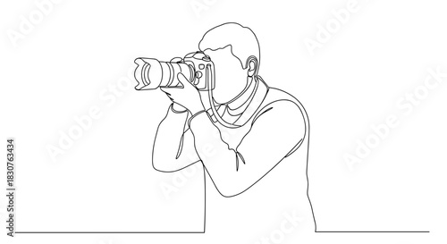 Continuous line drawing of a photographer holding a camera taking a picture in black and white style