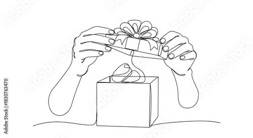 Continuous line drawing of hands opening a gift box with a bow on top revealing ribbon inside the box