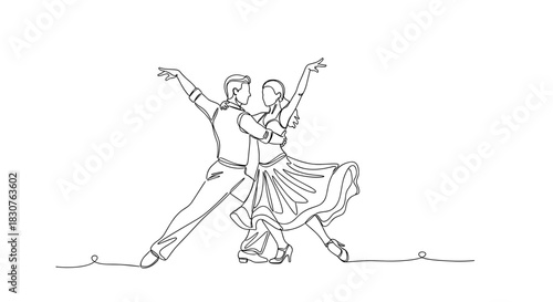 Continuous line drawing of a couple in ballroom dance pose with arms raised and flowing skirt detail