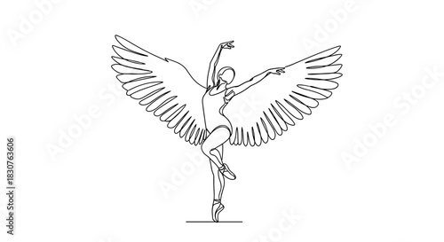 Continuous line drawing of a ballerina with wings in a graceful pose on a white background
