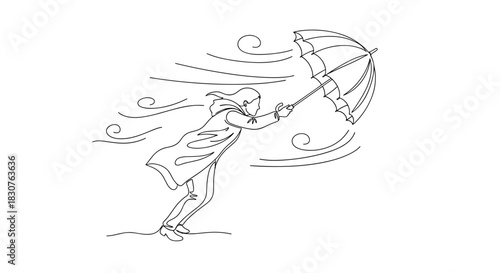 A person struggles with an umbrella in the wind in a single line drawing on a white background