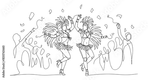 Two dancers in feathered costumes perform amidst a crowd in a continuous line drawing style image