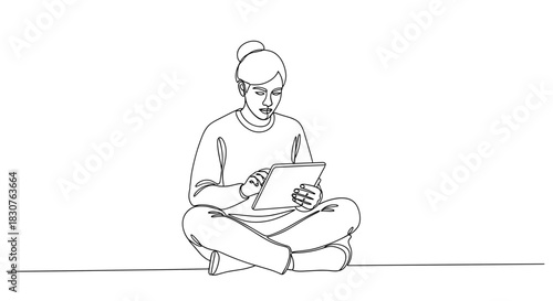 Line art of a woman sitting cross legged holding a tablet with a bun on her head in black and white