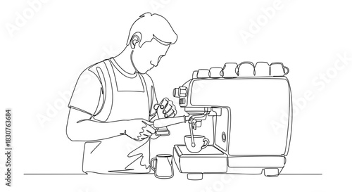 Continuous line drawing of a barista making coffee with an espresso machine in a cafe setting