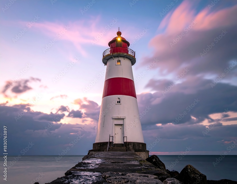 Naklejka premium Dramatic Lighthouse Beacon at Sunset - A Coastal Sentinel.