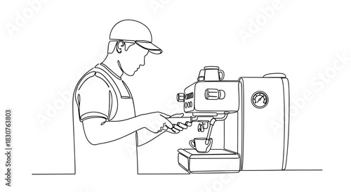 Line drawing of a barista in a cap making coffee with an espresso machine and a small cup on a drip tray