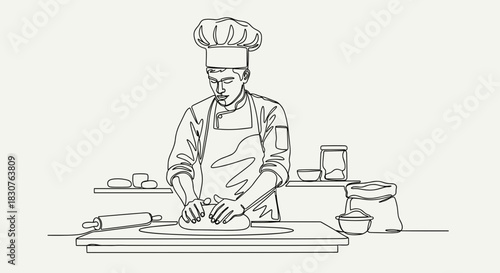 Line drawing of a baker kneading dough on a table with baking ingredients around him in the kitchen