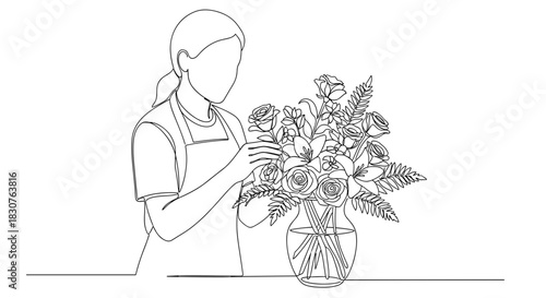 Woman in apron arranging roses and lilies in a vase, line drawing, minimalist, simple, elegant, and clean design