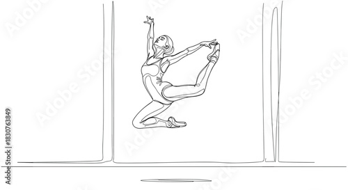 Line art of a gymnast performing a leap between parallel bars in a graceful and dynamic pose