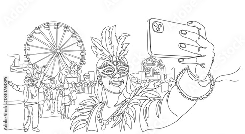 Line drawing of a woman with mask taking a selfie at a parade with a ferris wheel in the background