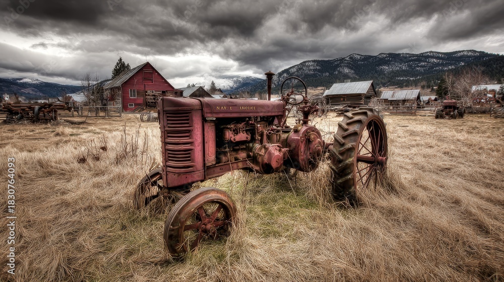 Obraz premium Old abandoned tractor on rural farmland under dark storm clouds, showing rustic machinery, weathered metal, agricultural decay, dramatic sky, and the concept of aging farm equipment