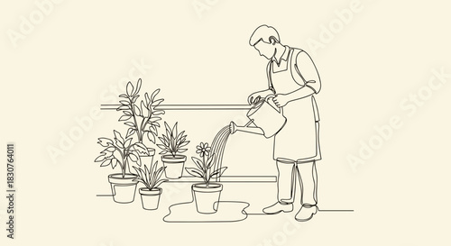 Continuous line drawing of a person watering potted plants with a watering can indoors on a shelf