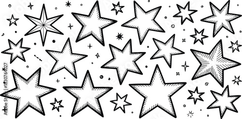 Hand-drawn star icons, decorative celestial elements, sketch style, black vector set, whimsical design, cosmic symbols, artistic layout, minimal graphic pack