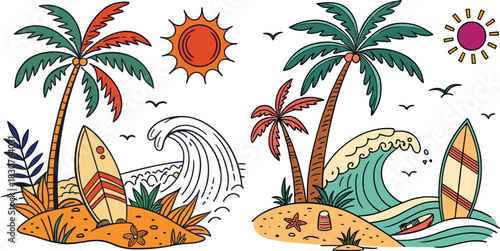 Hand-drawn doodle beach and surf icon vector set with tropical elements like palm trees, waves, surfboards, and sun. Perfect for summer designs, t-shirts, posters, and coastal branding.