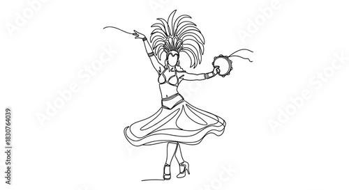 Continuous line drawing of a samba dancer with a feathered headdress and a tambourine in her hand