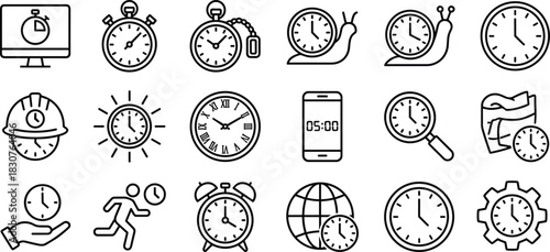 Time management and clock line icons set, vector illustrations of stopwatch, deadline, schedule, productivity, alarm, business, and world time zones