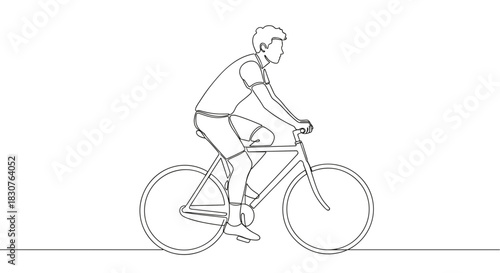 Continuous line drawing of a man riding a bicycle with minimalist design and white background style art