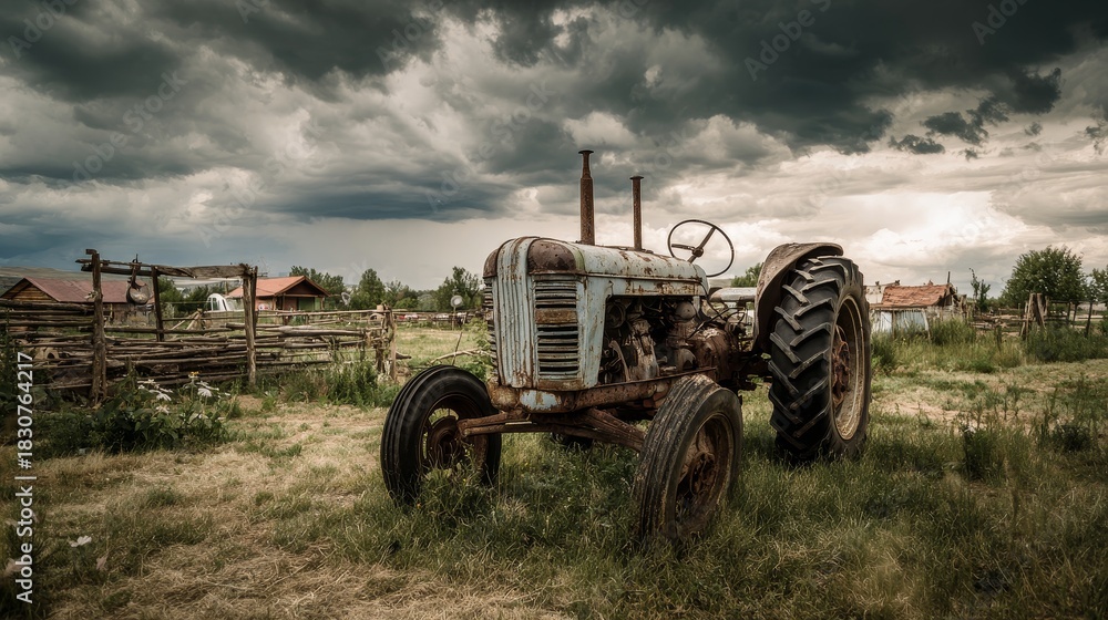 Obraz premium Old abandoned tractor on rural farmland under dark storm clouds, showing rustic machinery, weathered metal, agricultural decay, dramatic sky, and the concept of aging farm equipment