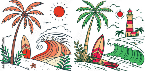 Hand-drawn doodle beach and surf icon vector set with tropical elements like palm trees, waves, surfboards, and sun. Perfect for summer designs, t-shirts, posters, and coastal branding.