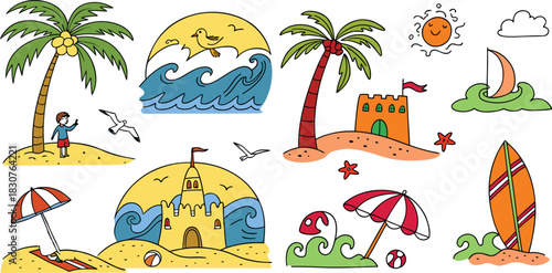 Hand-drawn doodle beach and surf icon vector set with tropical elements like palm trees, waves, surfboards, and sun. Perfect for summer designs, t-shirts, posters, and coastal branding.