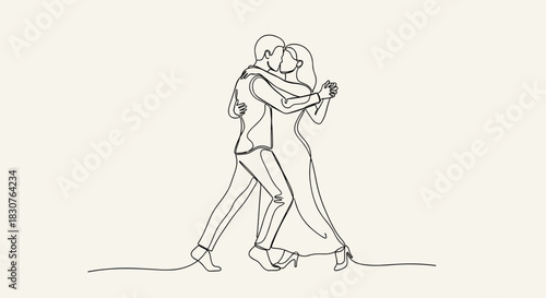 Continuous line drawing of a couple dancing closely together in elegant attire in a minimalist style
