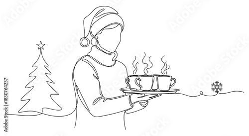 Continuous line drawing of person with santa hat holding tray of hot drinks near christmas tree and snowflake