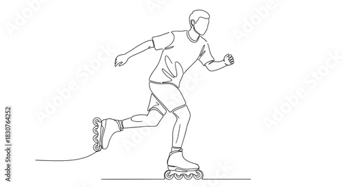 Continuous line drawing of a man roller skating with visible wheels and sportswear outfit in motion pose