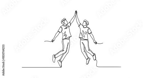 Continuous line drawing of two men jumping and giving a high five in black and white illustration