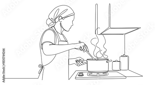 Continuous line drawing of a woman cooking with a pot on the stove under a kitchen exhaust fan