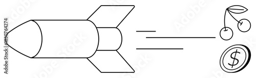 Rocket speeding forward with motion trails toward a cherry and coin. Ideal for business, growth, startup ambition, financial success, goal achievement, motivation, simple flat metaphor