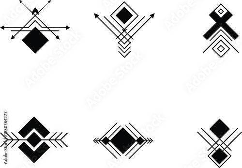 Abstract geometric line art design collection, native american and aztec black and white decorative vector elements set for modern tattoo, poster, web banner, and apparel print design.