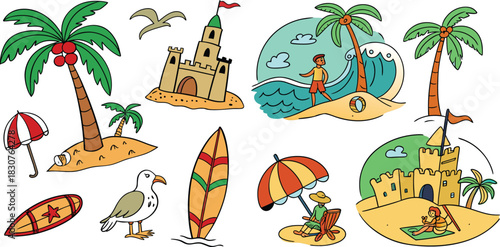Hand-drawn doodle beach and surf icon vector set with tropical elements like palm trees, waves, surfboards, and sun. Perfect for summer designs, t-shirts, posters, and coastal branding.