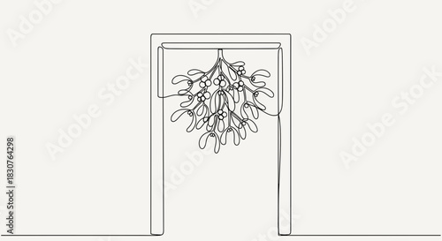 Continuous line drawing of mistletoe hanging in a doorway for christmas decoration and holiday season