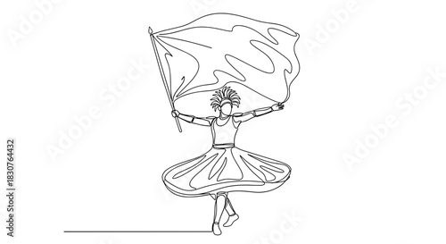 Continuous line drawing of a color guard performer with flag in a dynamic pose on white background