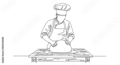 Chef with tall hat kneading dough on a wooden table in a continuous line drawing style illustration