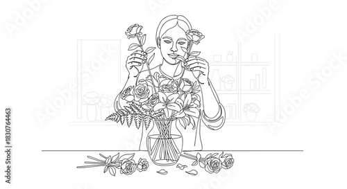 Woman arranging roses and lilies in a vase with additional roses on the table in a floral shop setting