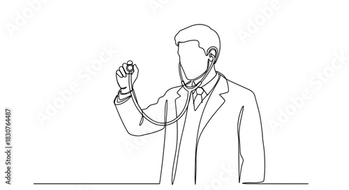 Line drawing of a doctor in a coat holding a stethoscope with a tie and collared shirt on white