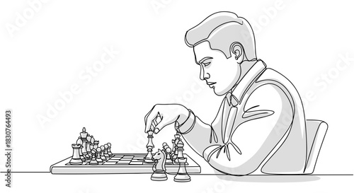 Continuous line drawing of a man playing chess with a focused expression and strategic move preparation