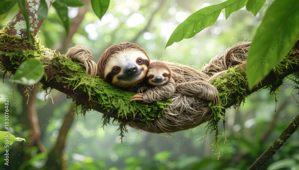 Obraz premium Sloth Mother and Baby Resting on Mossy Branch